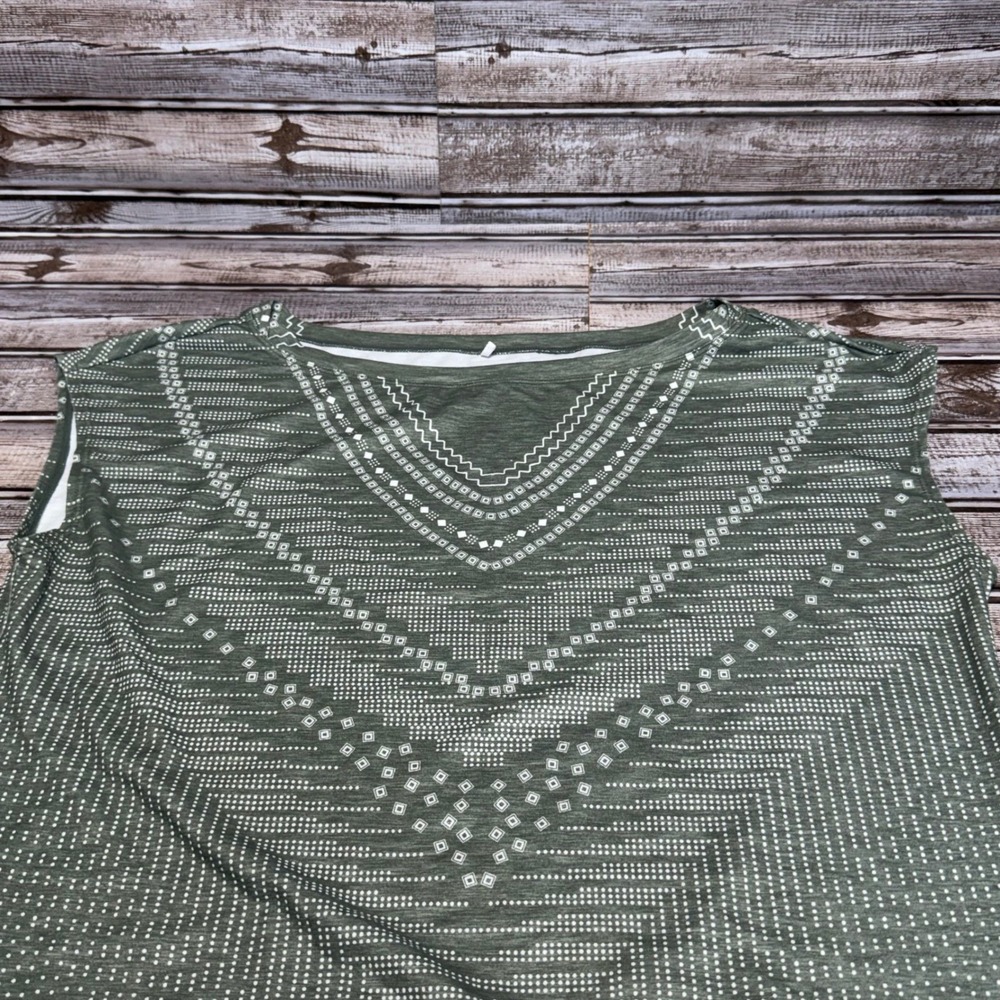Prana Top Womens Large Green Geometric Pattern Scoop‎ Neck Activewear